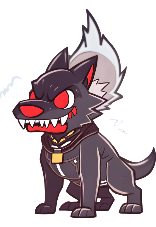 Hellhound, a demons best friend, displaying a malicious grin while observing the card game, their eyes gleaming with sinister intent.