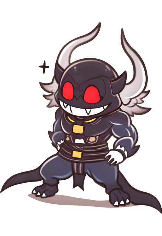 Satan, a grotesque demon, with a wide, gleeful grin, perhaps at an opponent's misfortune or a successful foul play.